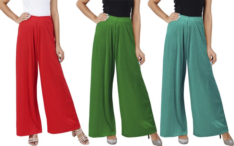 Pack of 3 Women Flared Red, Green, Green Cotton Blend Trousers