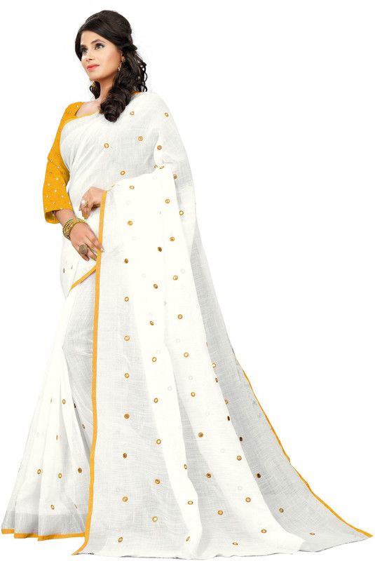 Embroidered Bollywood Linen Saree  (White, Yellow)