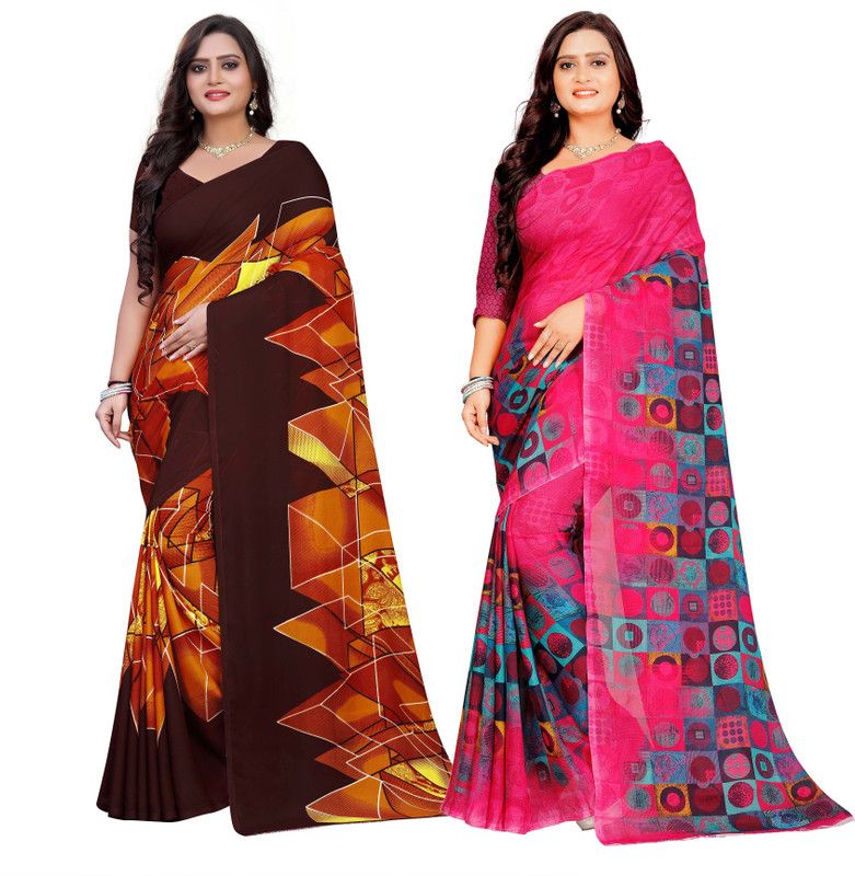 Printed Bhagalpuri Chiffon Saree  (Brown, Pink)