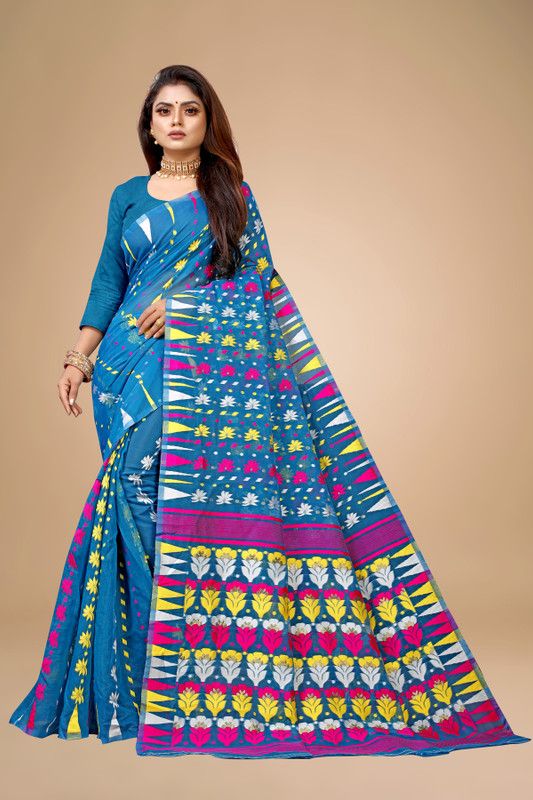 Woven, Floral Print Jamdani Cotton Linen Saree  (Light Blue)