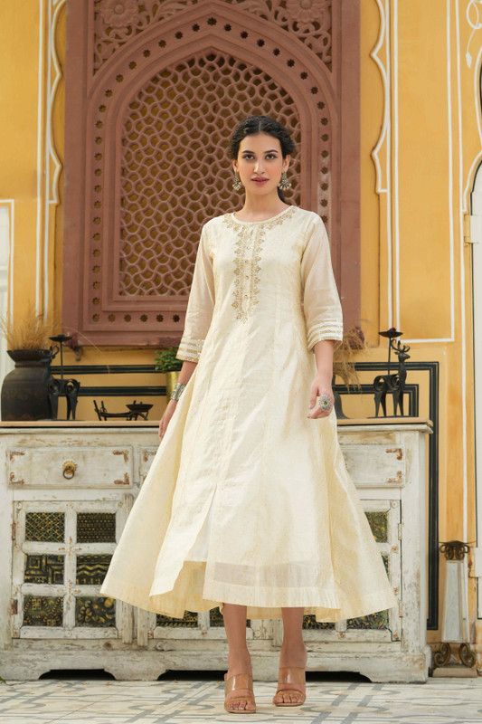Women Embroidered Chanderi Flared Kurta  (Beige)
