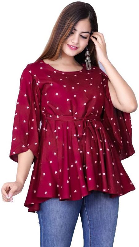 Casual Slit Sleeves Polka Print Women Maroon Top