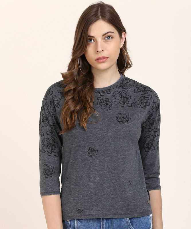 ABBY IP Women Floral Print Round Neck Poly Cotton Grey T-Shirt