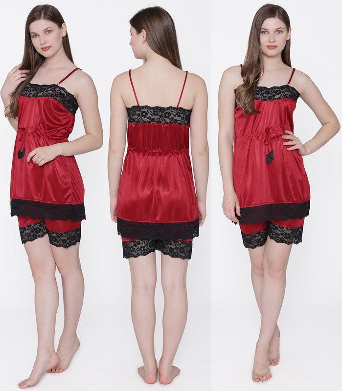 Women Solid Maroon Top & Shorts Set