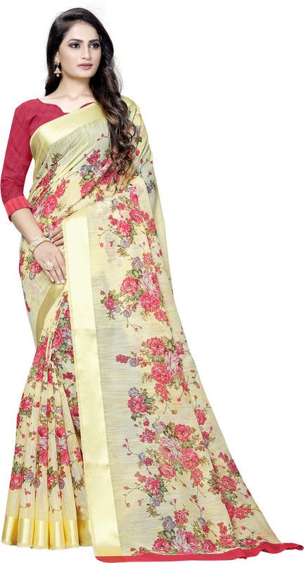 Printed, Digital Print, Floral Print Bollywood Cotton Linen, Satin Saree  (Yellow)