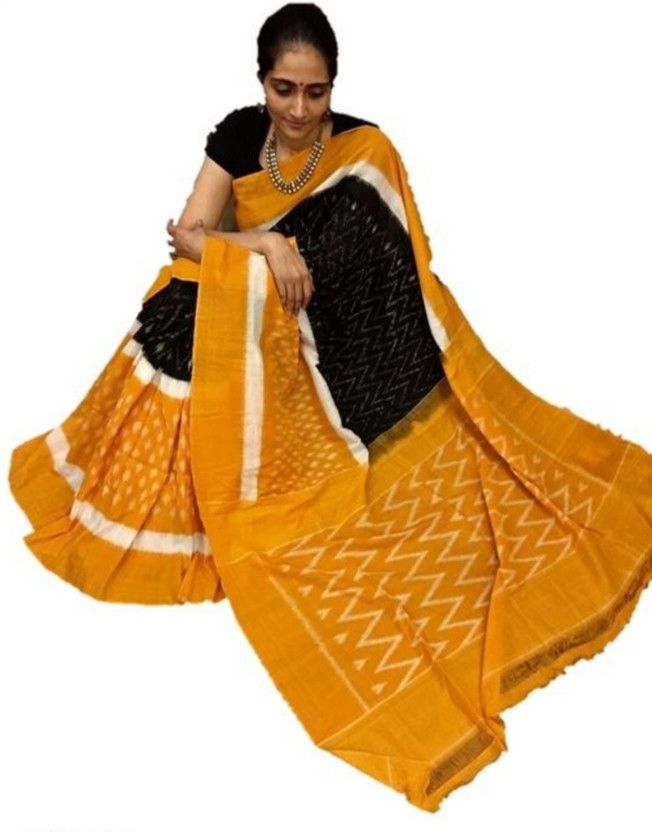 Printed, Color Block, Blocked Printed, Floral Print, Dyed Daily Wear Pure Cotton Saree  (Yellow)