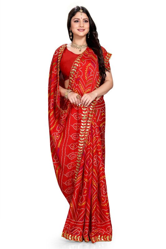 Solid/Plain Bandhani Chiffon Saree  (Red)