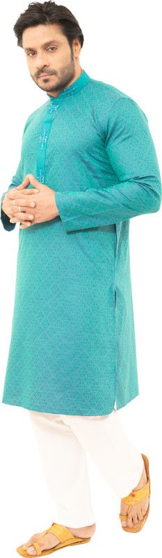 Men Embroidered Cotton Silk Straight Kurta  (Light Green)