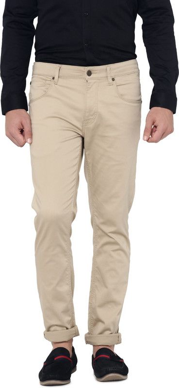 Men Slim Fit White Cotton Blend Trousers