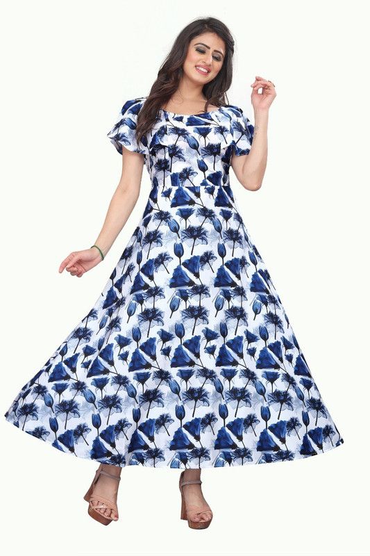 Crepe Stitched Anarkali Gown  (White, Blue)
