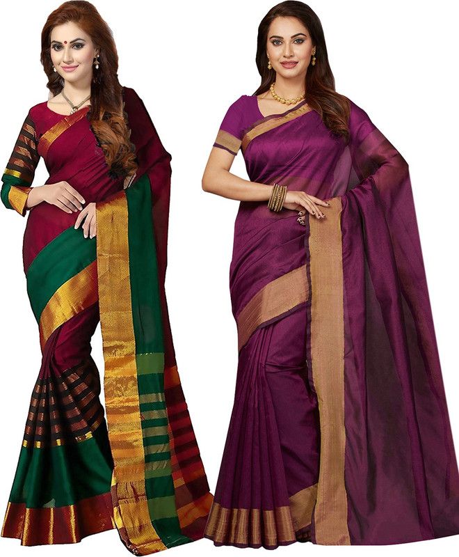 Striped Bollywood Art Silk Saree  (Pack of 2, Multicolor)