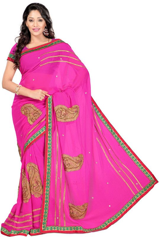 Embroidered Bollywood Art Silk Saree  (Gold, Pink)