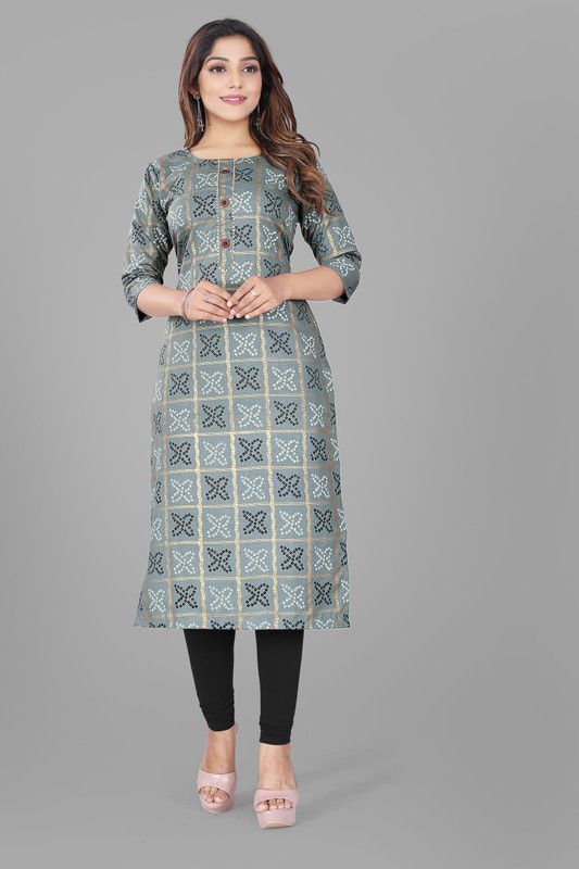 Women Bandhani Cotton Rayon A-line Kurta  (Grey)