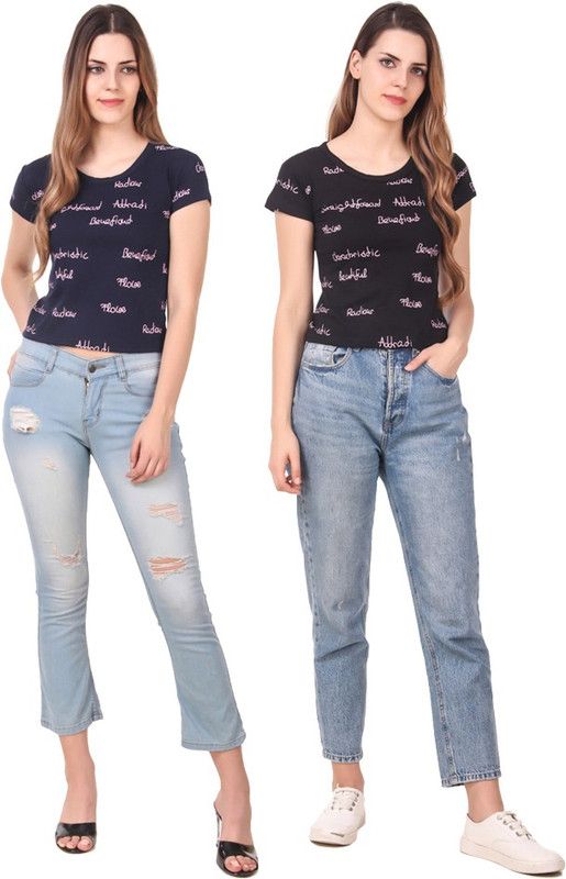 Pack of 2 Women Printed Round Neck Cotton Blend Blue, Black T-Shirt