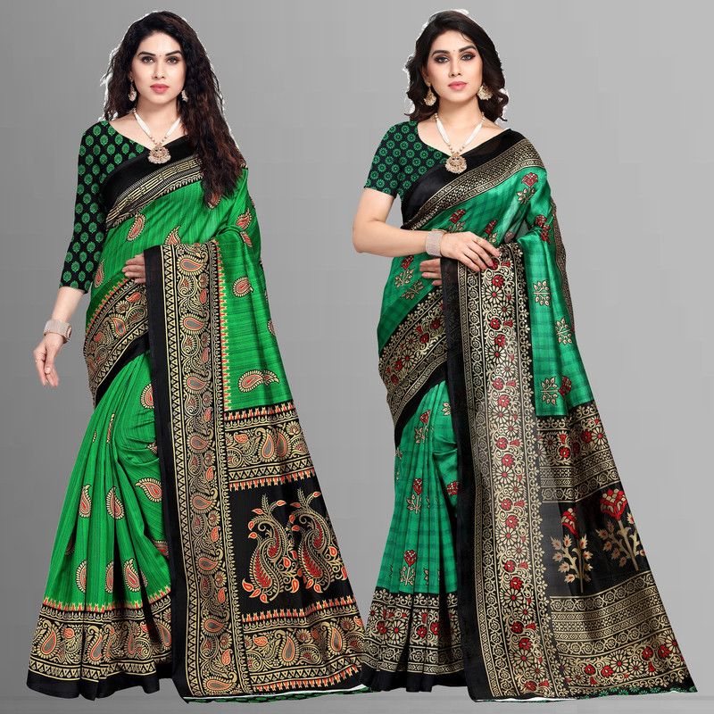 Printed Mysore Art Silk, Cotton Silk Saree  (Pack of 2, Green, Black)