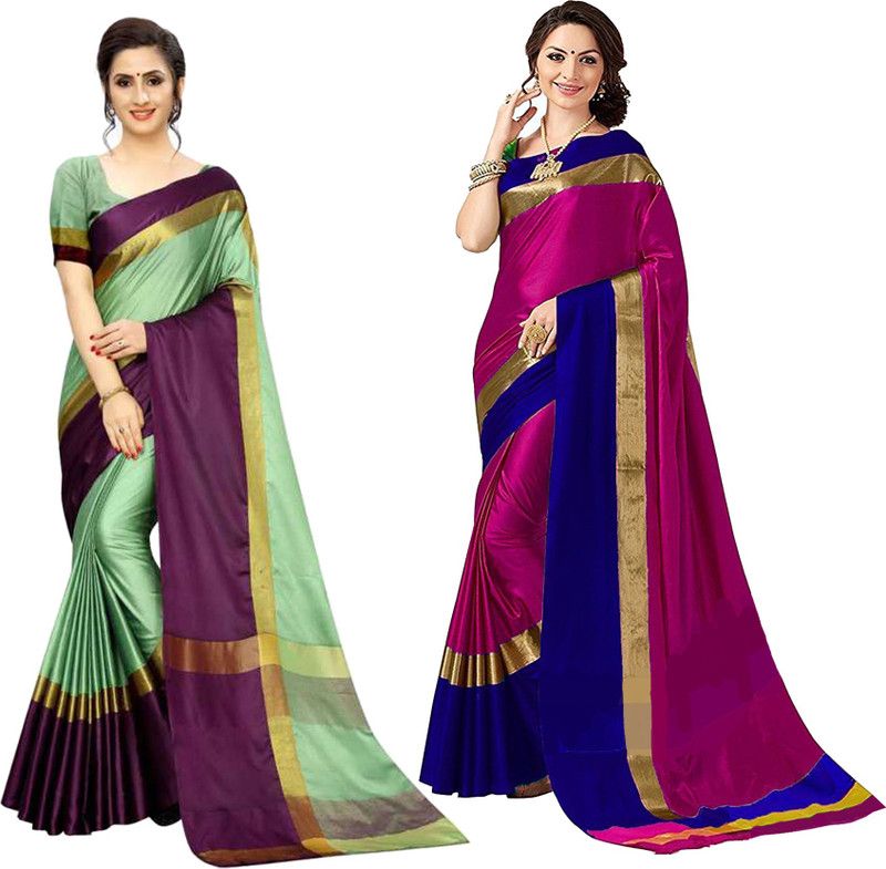 Kanjivaram Cotton Silk Saree  (Pack of 2, Pink, Light Green)