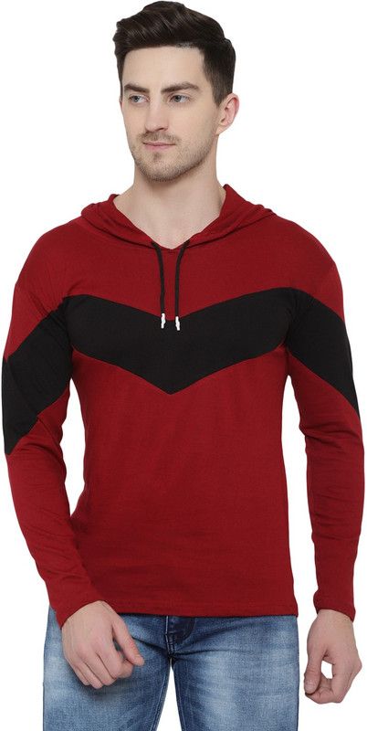 Men Color Block Hooded Neck Cotton Blend Maroon, Black T-Shirt