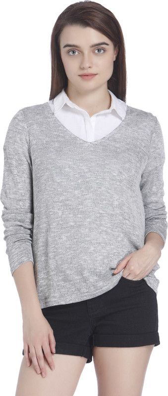Women Solid V-neck Grey Sweater