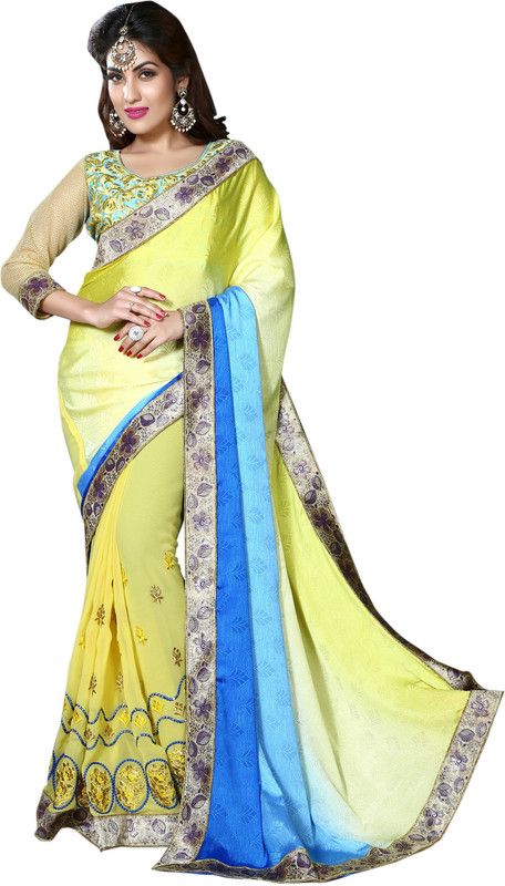 Embroidered Bollywood Cotton Blend, Crepe Saree  (Multicolor)
