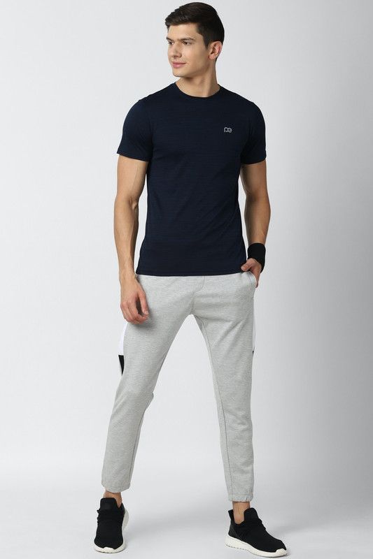 Men Self Design Round Neck Polyester Navy Blue T-Shirt