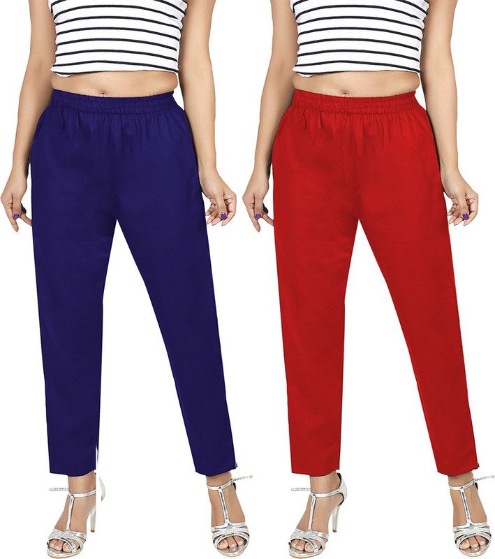Women Regular Fit Dark Blue, Red Modal Trousers