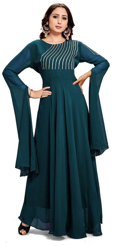 Georgette Stitched Flared/A-line Gown  (Blue)