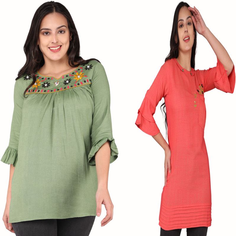 Pack of 2 Casual Bell Sleeves Embroidered Women Orange, Light Green Top