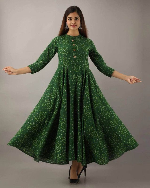 Women Bandhani Viscose Rayon Anarkali Kurta  (Green)