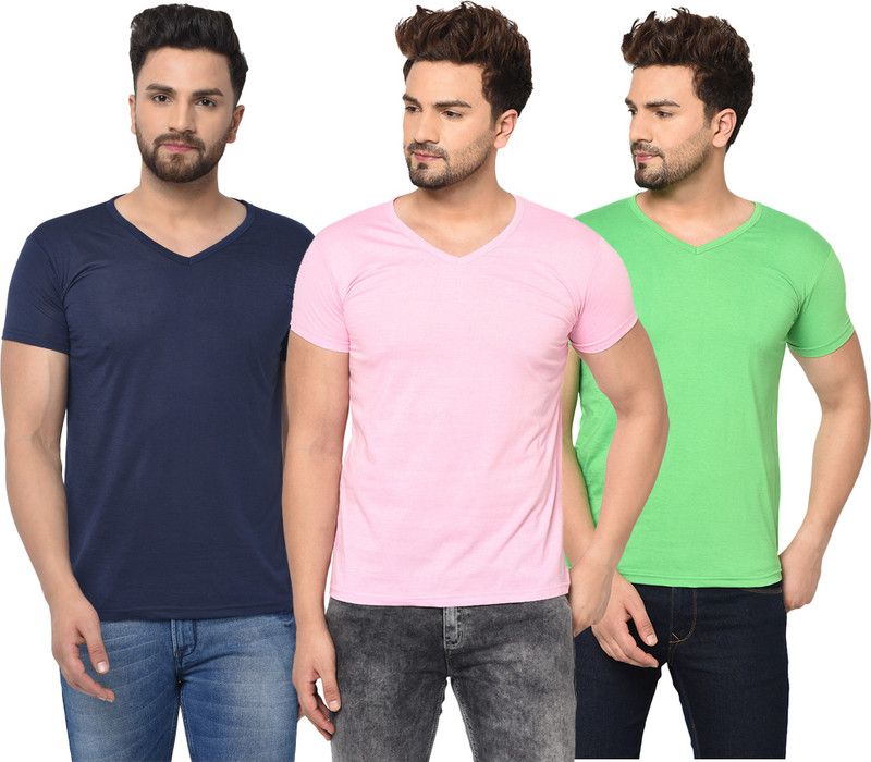 Pack of 3 V Neck T-Shirt Combo of 3 Men Solid V Neck Cotton Blend Dark Blue, Green, Pink T-Shirt
