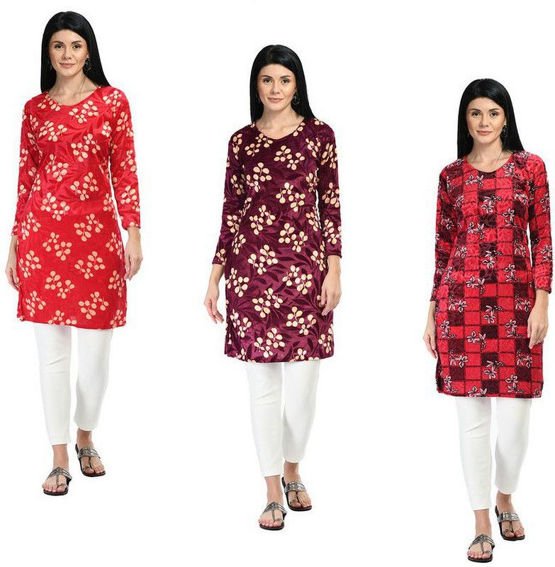 Pack of 3 Women Printed Velvet Straight Kurta  (Purple, Pink, Orange)