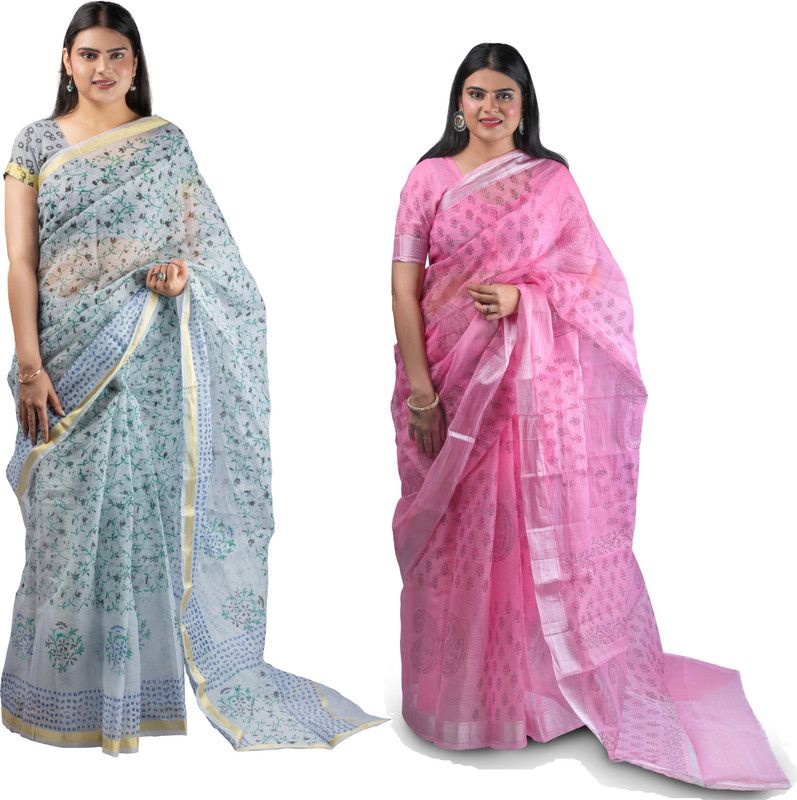 Printed Kota Doria Cotton Blend Saree  (Pack of 2, Pink, Grey)