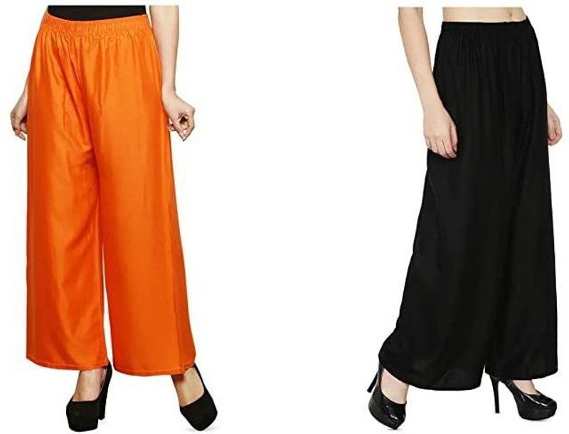 Pack of 2 Women Relaxed Orange, Black Viscose Rayon Trousers