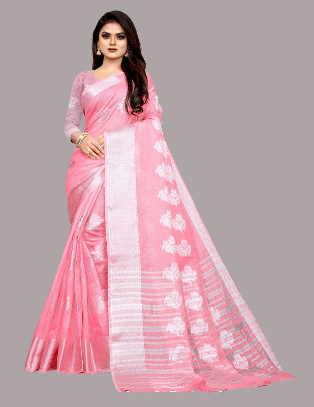 Woven Banarasi Jacquard, Cotton Silk Saree  (Silver, Pink)