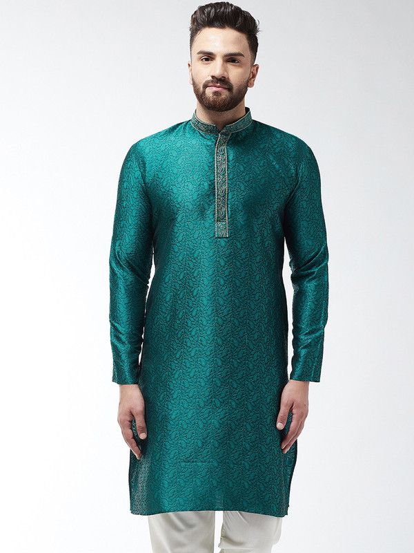 Men Printed Silk Blend Straight Kurta  (Green)