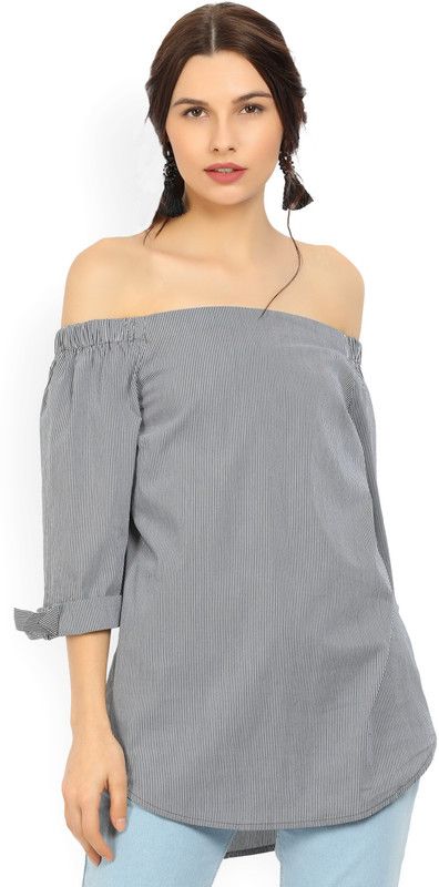 Casual Regular Sleeves Striped Women Grey Top