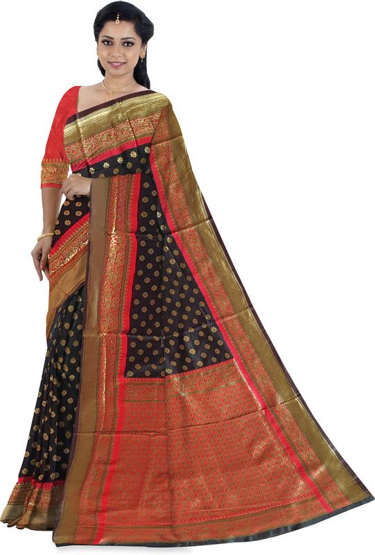 Embroidered Banarasi Jacquard Saree  (Red, Gold, Black)
