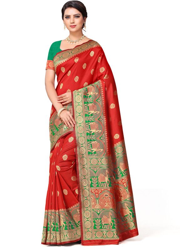 Animal Print Kalamkari Silk Blend Saree  (Red)