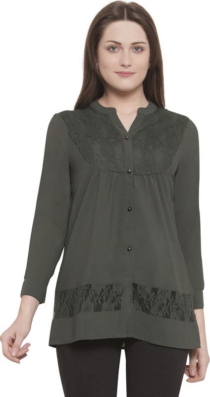 Casual Cuffed Sleeves Self Design, Lace Women Dark Green Top