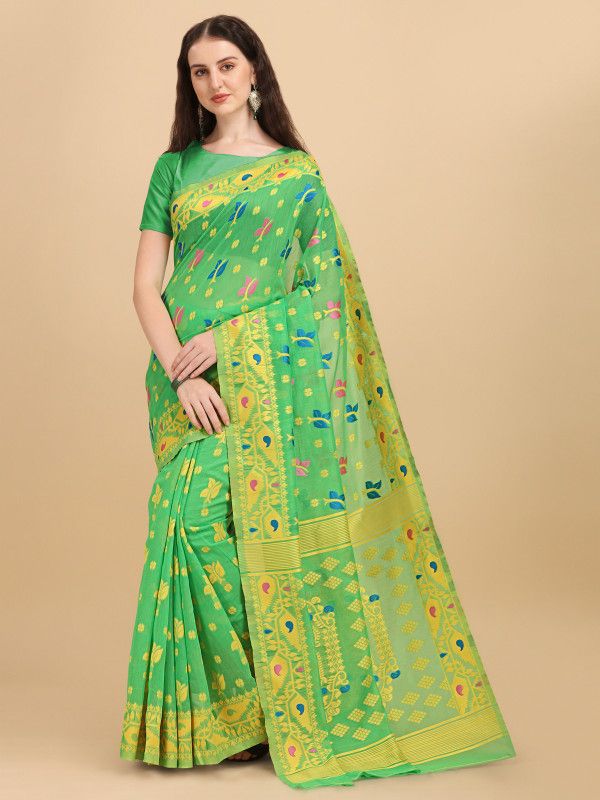 Self Design Jamdani Cotton Linen Saree  (Green)
