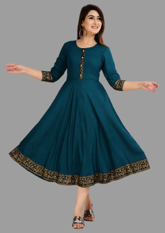 Women Solid, Printed Viscose Rayon Flared Kurta  (Green)