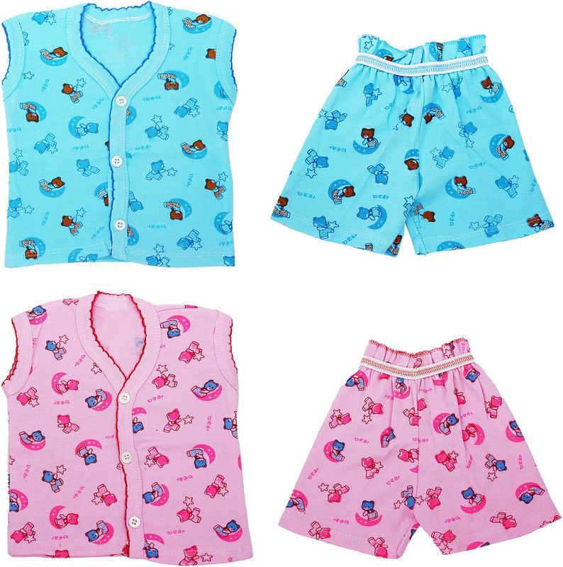 Baby Boys & Baby Girls Graphic Print Cotton Blend Kids Nightwear  (Multicolor Pack of 2)