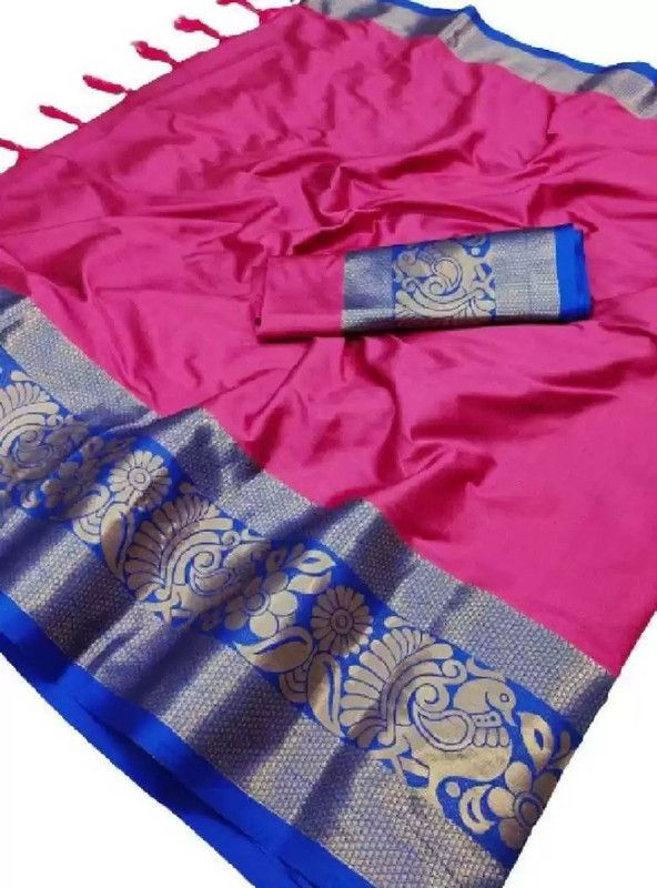 Bollywood Cotton Silk Saree  (Blue, Pink)