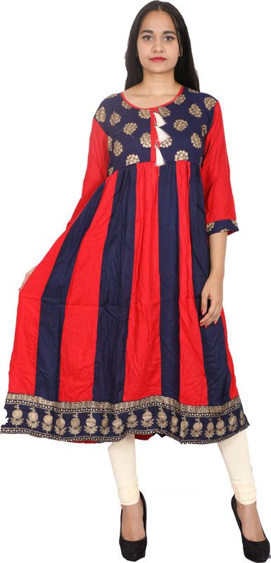 Women Striped Cotton Rayon A-line Kurta  (Blue)