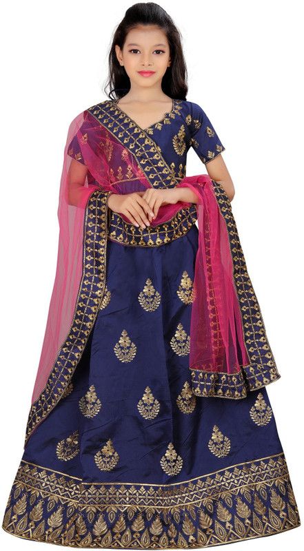 Girls Lehenga Choli Party Wear, Ethnic Wear, Fusion Wear Embroidered Lehenga, Choli and Dupatta Set  (Blue, Pack of 1)