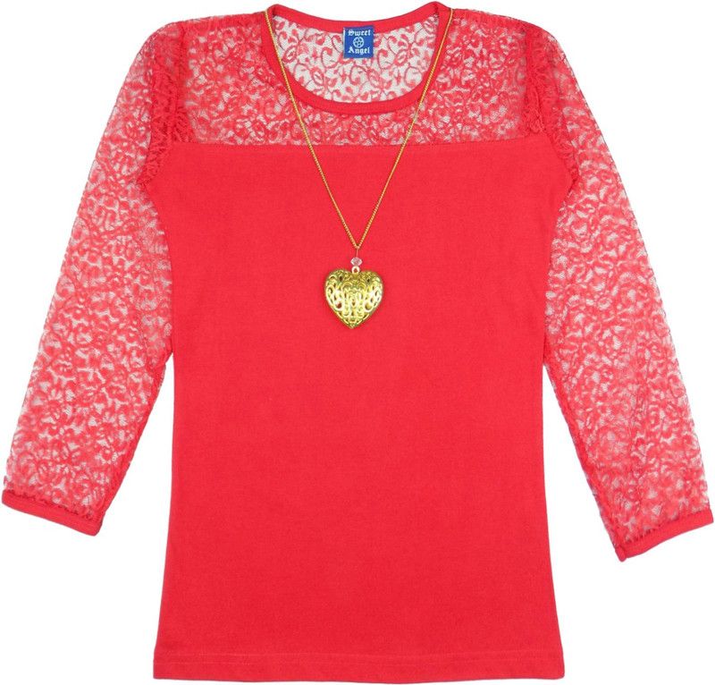 Girls Cotton Blend Fashion Sleeve Top  (Red, Pack of 1)