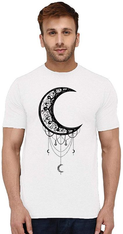 Moon Dream Men Printed Round Neck Pure Cotton White T-Shirt