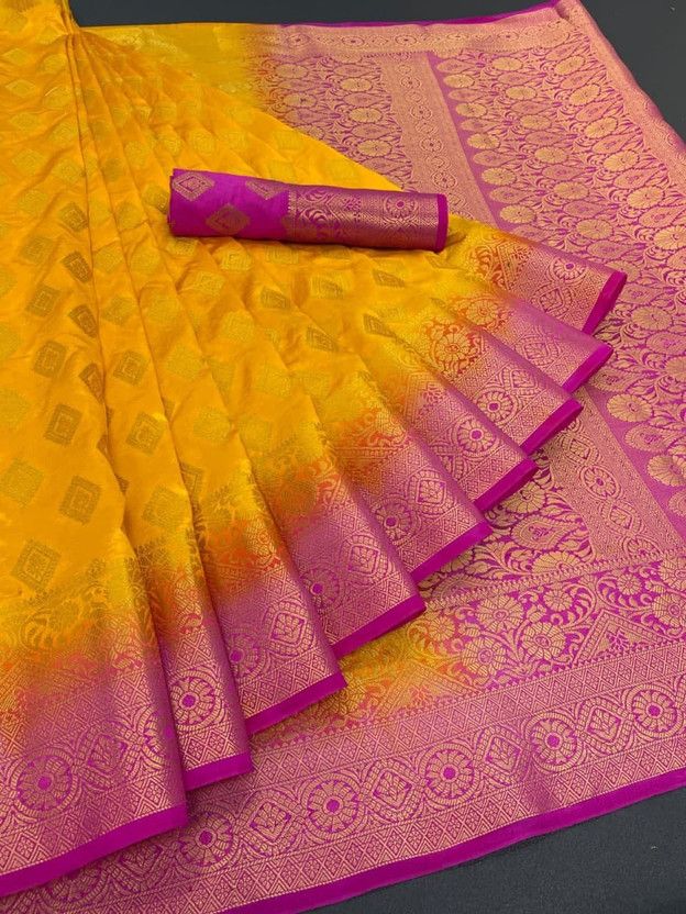 Woven Kanjivaram Jacquard Saree  (Yellow)