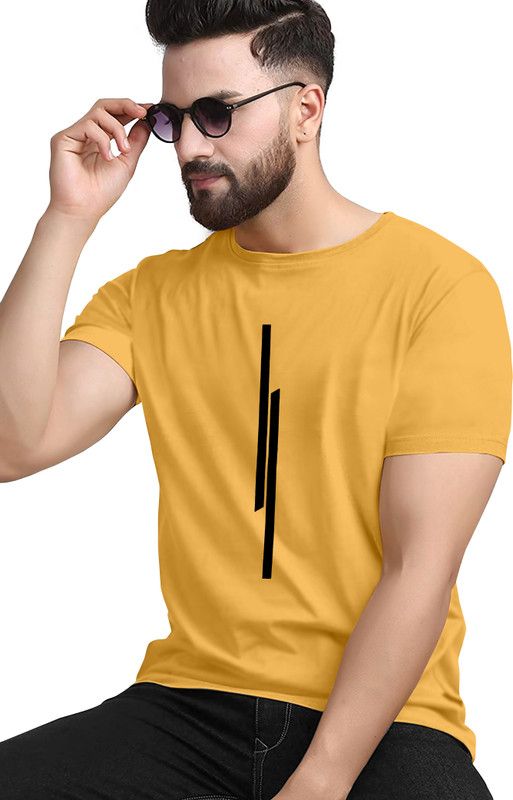 Men Striped Round Neck Polyester Yellow T-Shirt