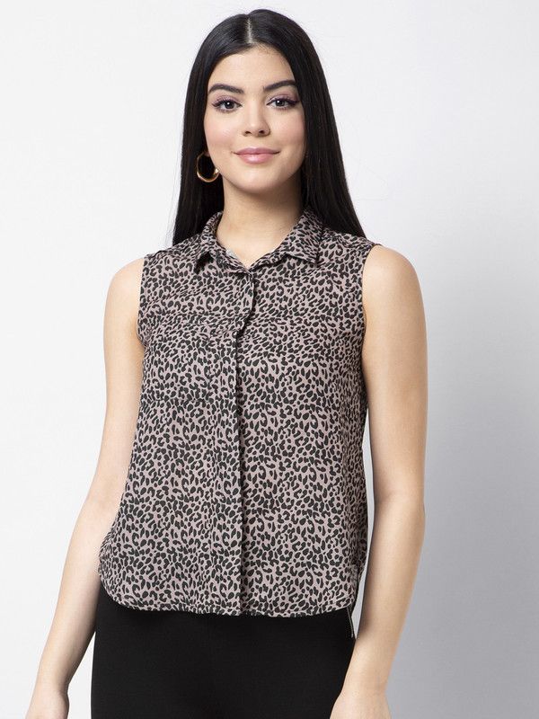 Casual Sleeveless Printed Women Black, Beige Top
