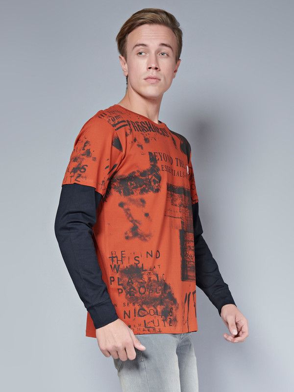 Men Typography Round Neck Pure Cotton Orange, Black T-Shirt